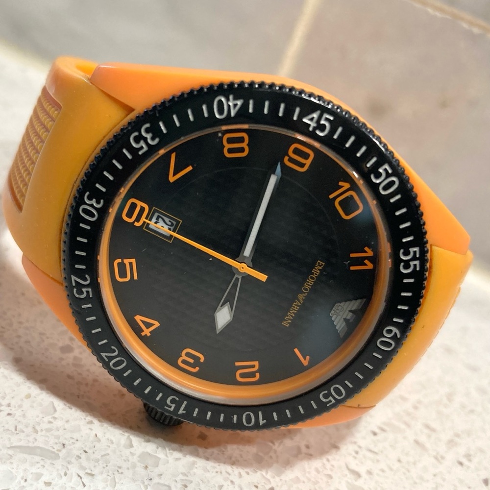 Emporio Armani AR-1041 251103 Black and Orange Watch with Date Display EUC